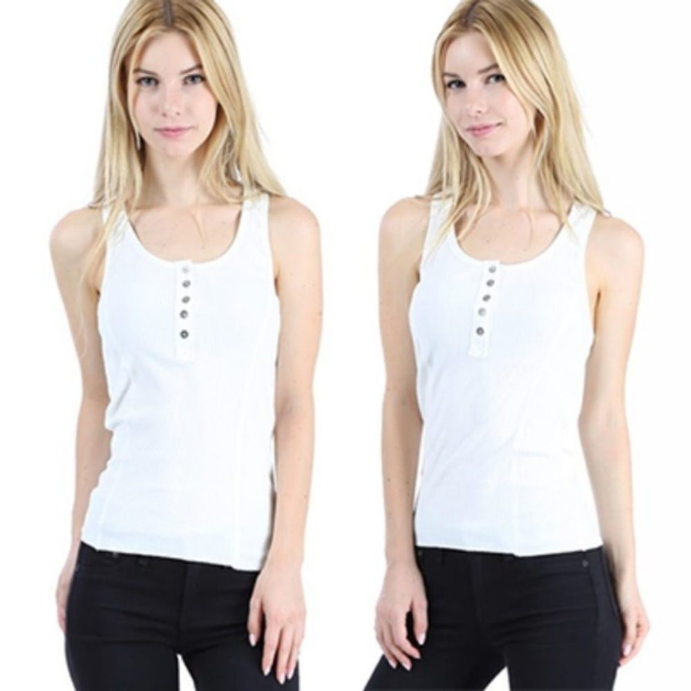 Ellie Kate Rib Knit Tank Top White Cotton & Spandex